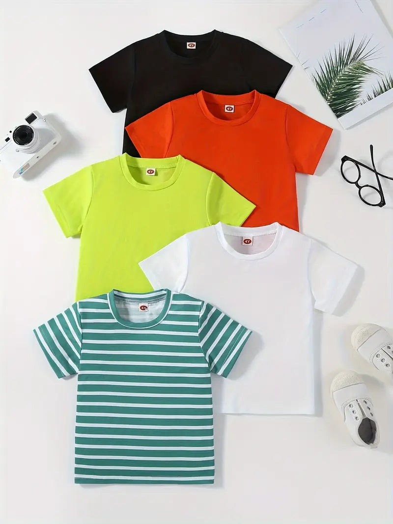 5pcs Solid Color & Striped Round Neck T-shirt