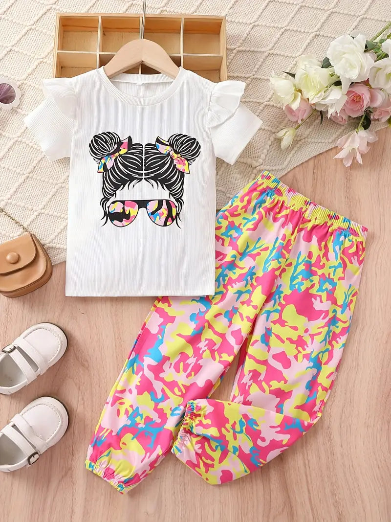 Girl's 2pcs T-shirt & Elastic Waist Shorts Set