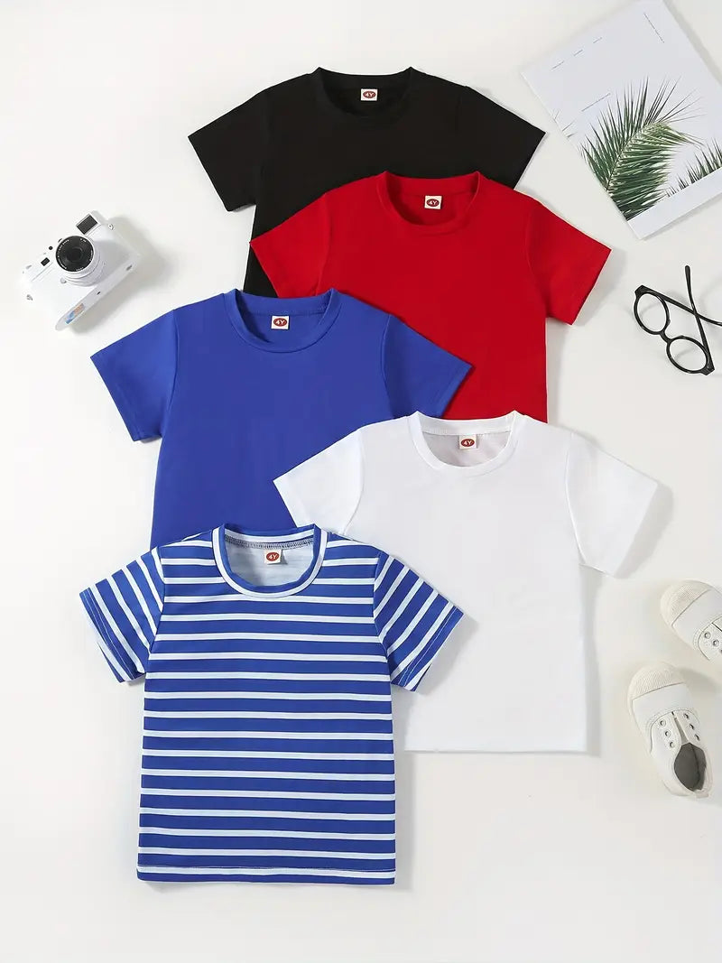 5pcs Solid Color & Striped Round Neck T-shirt