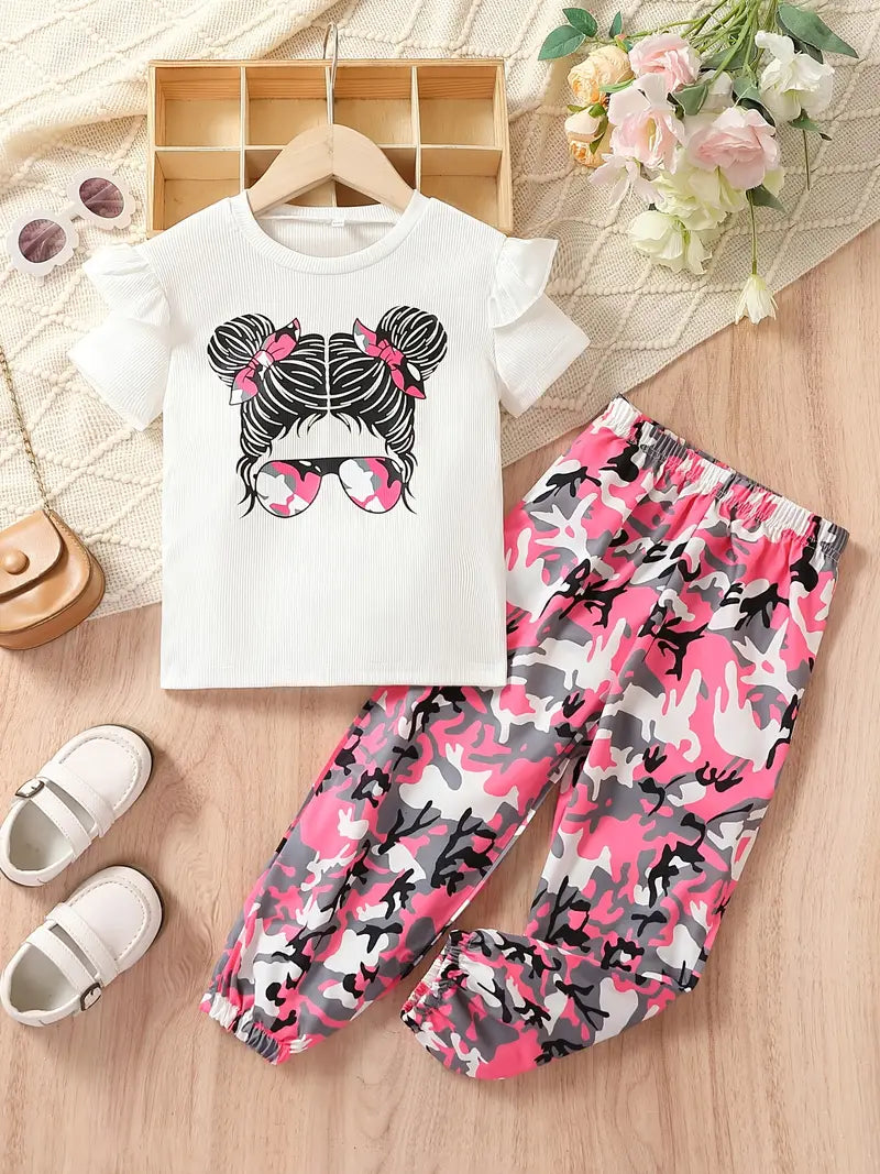 Girl's 2pcs T-shirt & Elastic Waist Shorts Set