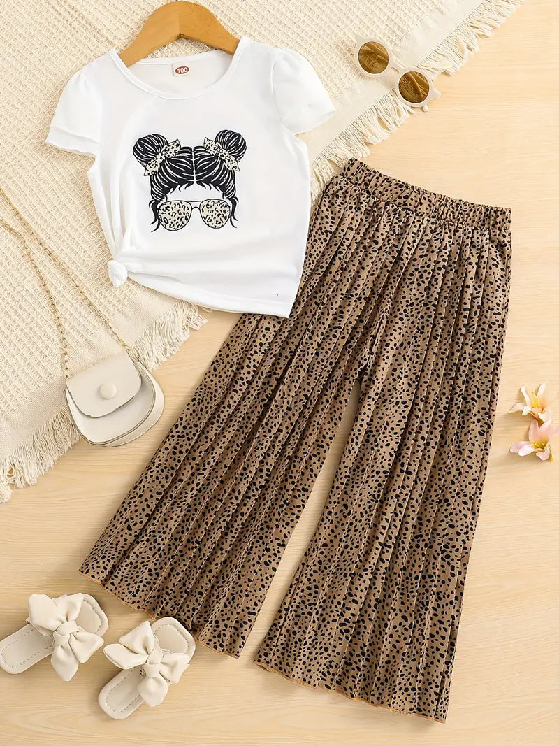 Girls' Fashion 2pcs Set, Cartoon Print Crew Neck T-Shirt & Pleated Polka Dot Pants