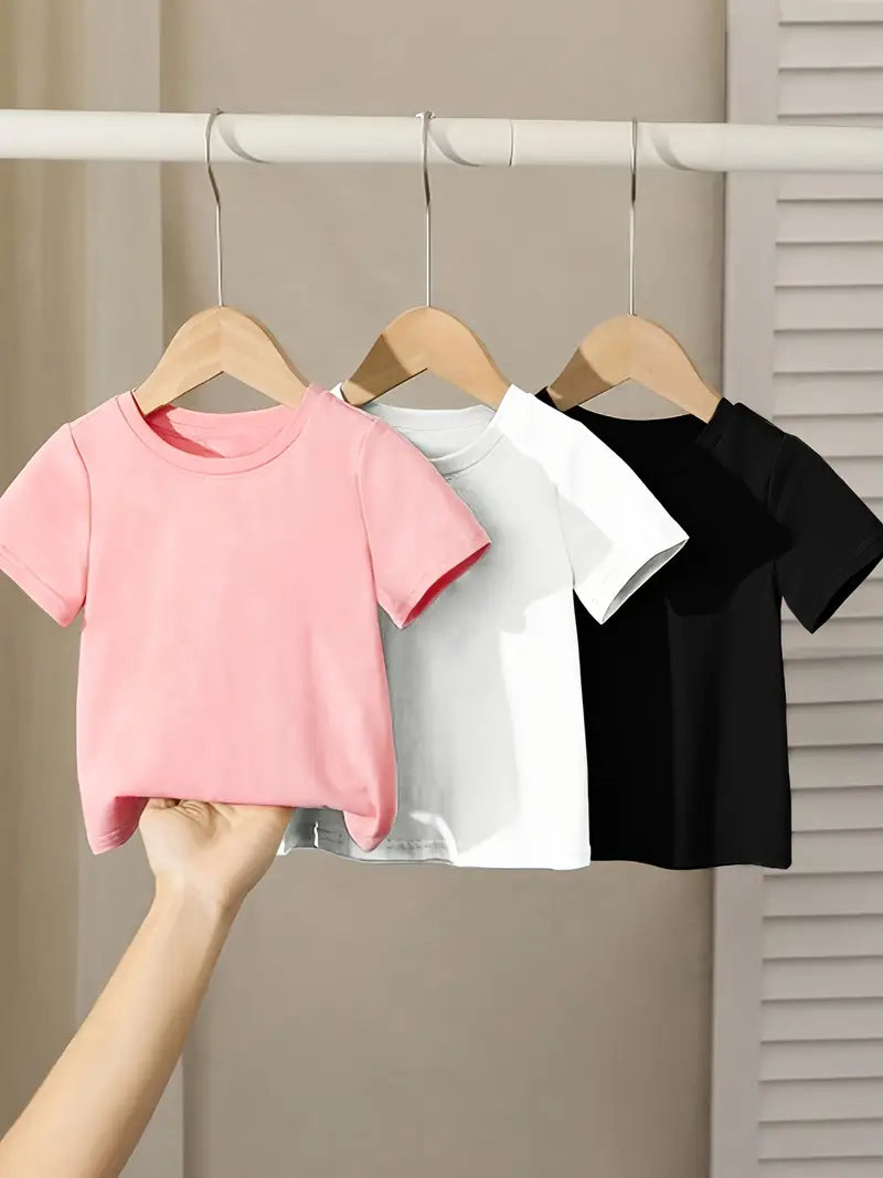 3 pcs Girls' Soft & Comfortable Solid Color T-Shirts