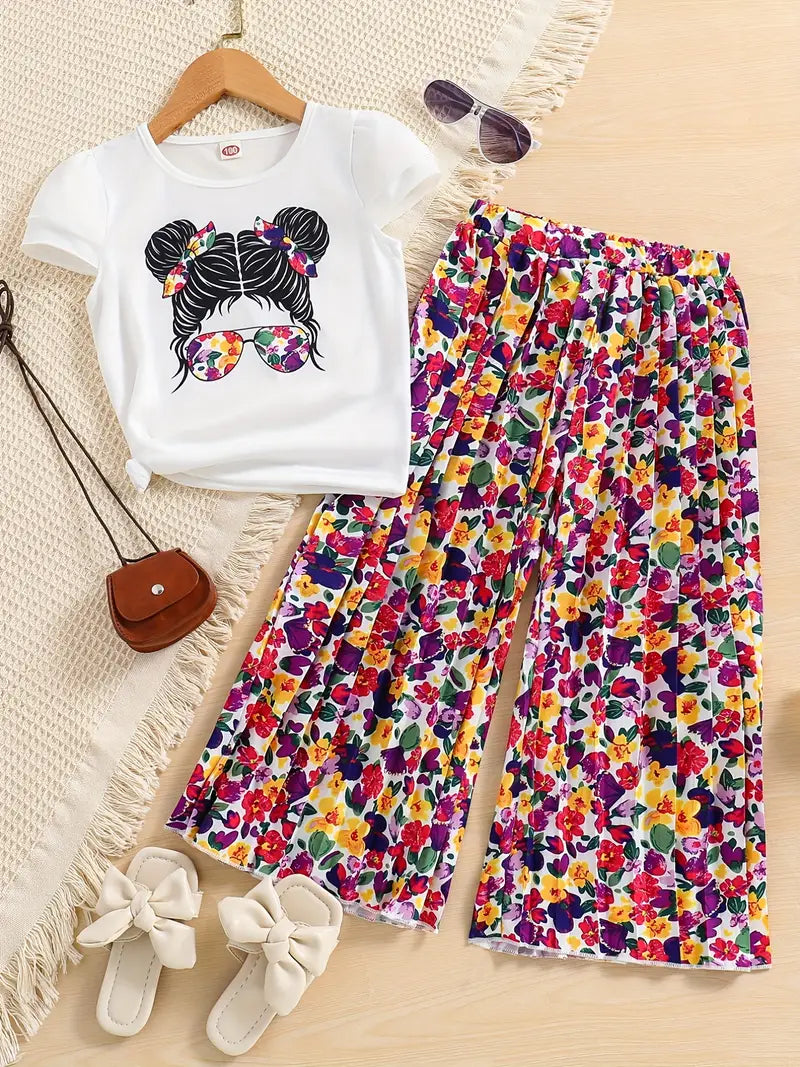 Girls' Fashion 2pcs Set, Cartoon Print Crew Neck T-Shirt & Pleated Polka Dot Pants