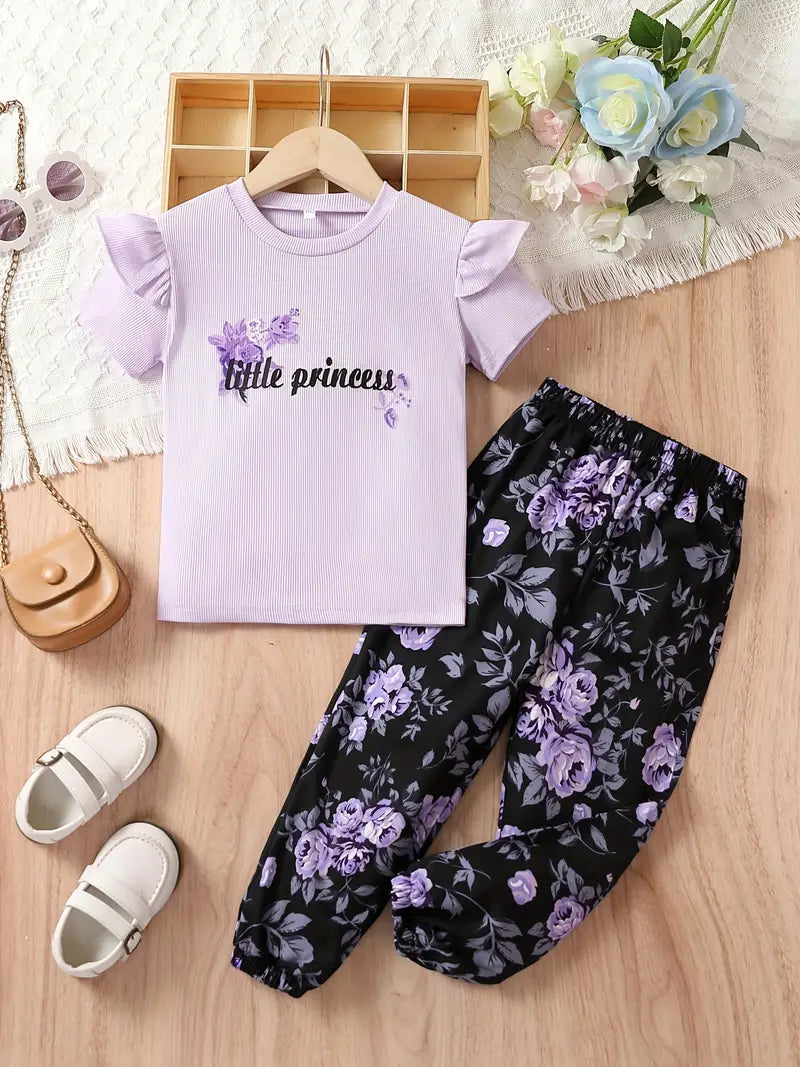 Girl's 2pcs T-shirt & Elastic Waist Shorts Set