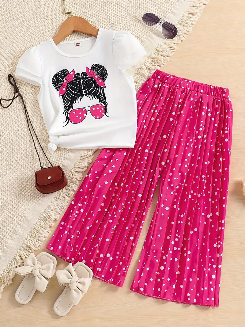 Girls' Fashion 2pcs Set, Cartoon Print Crew Neck T-Shirt & Pleated Polka Dot Pants