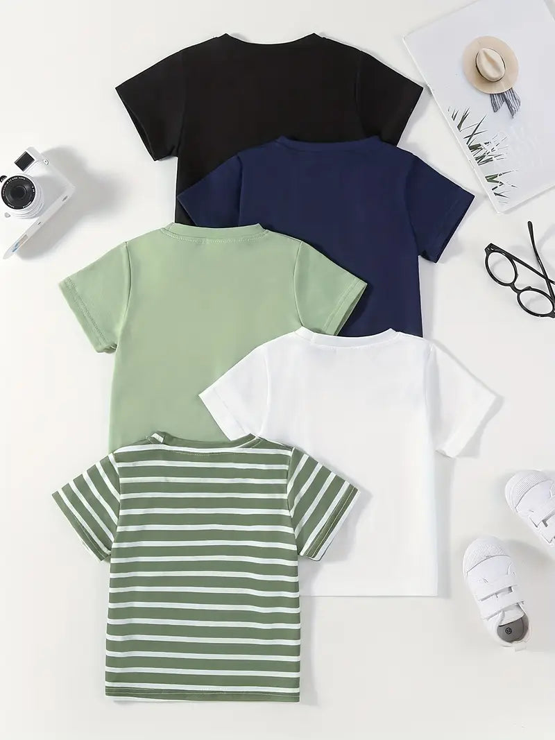 5pcs Solid Color & Striped Round Neck T-shirt