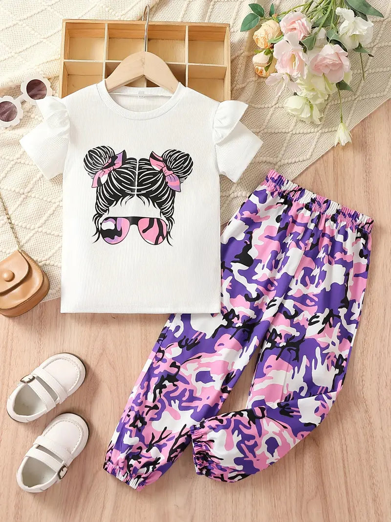 Girl's 2pcs T-shirt & Elastic Waist Shorts Set