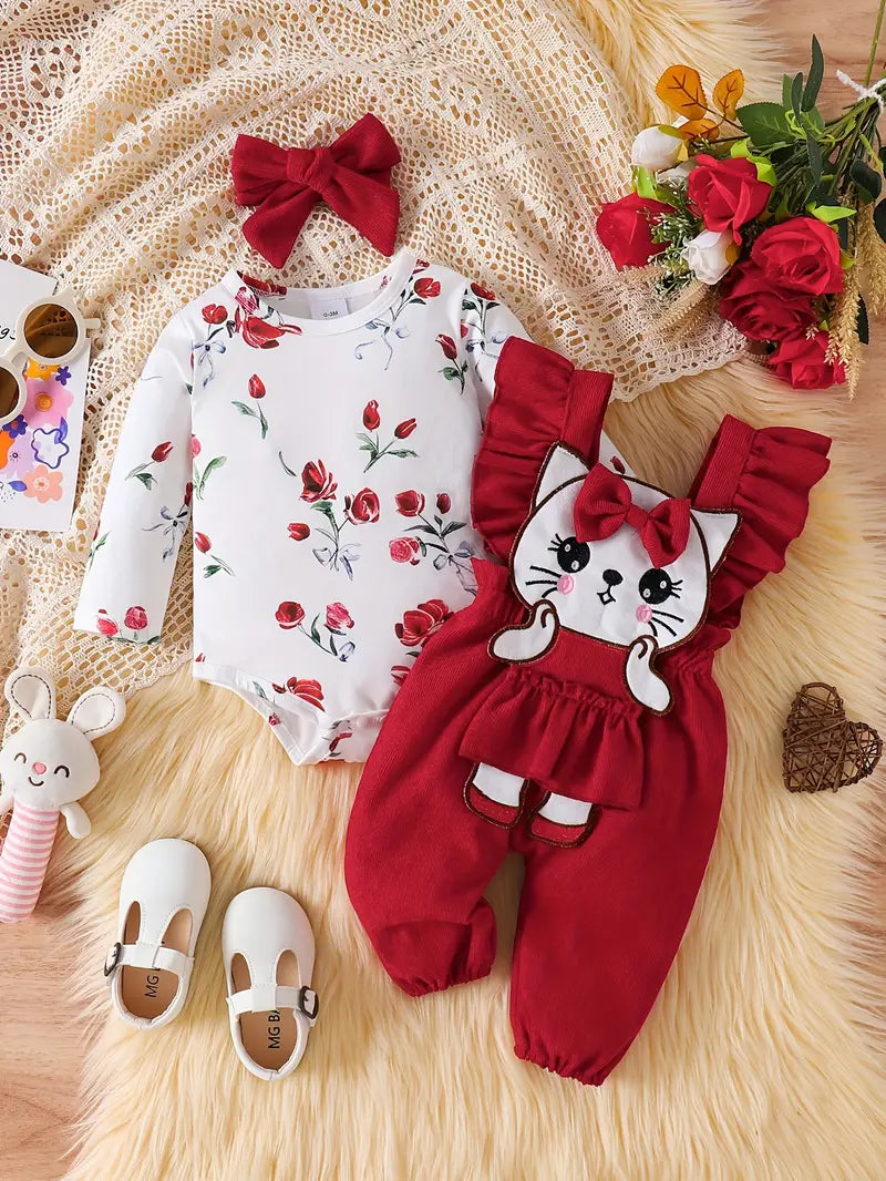 Adorable Girls' 3pcs Set Floral Print Long Sleeve Romper